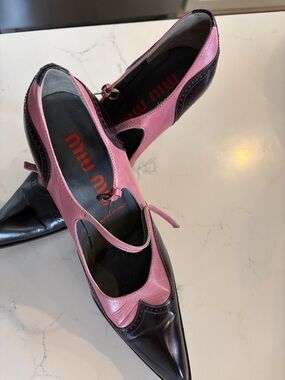 Miu Miu Black and Pink Pointed-Toe Mary Jane Pumps